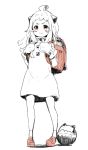  &gt;:) 1girl backpack bag blush_stickers commentary doyagao dress full_body highres kantai_collection long_hair looking_at_viewer mittens northern_ocean_hime randoseru red_eyes shinkaisei-kan short_eyebrows sleeveless sleeveless_dress smile solo sumisu_(mondo) white_dress white_hair 