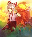  1girl bangs big_hair bow bracelet collared_shirt digital_dissolve expressionless fire flat_chest fujiwara_no_mokou gradient_hair hair_bow hand_up highres jewelry leg_up long_hair looking_at_viewer multicolored_hair open_pants pants red_eyes red_pants red_shoes redhead scroll_lock_(scrool5) shirt shoes short_sleeves silver_hair solo suspenders tattoo touhou very_long_hair white_shirt 