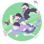  3boys barefoot black_eyes black_hair blue_pants blue_shorts brothers brown_shoes buruma carrying carrying_under_arm clenched_teeth clothes_writing flip-flops gishiko_(hokuso_mk) heart heart_in_mouth hood hoodie jacket long_sleeves male_focus matsuno_ichimatsu matsuno_juushimatsu matsuno_karamatsu motion_blur multiple_boys osomatsu-kun osomatsu-san pants sandals scared shoes shoes_removed shoulder_carry siblings single_shoe sleeves_past_wrists slippers socks sunglasses sunglasses_removed tears teeth track_pants twitter_username white_legwear 