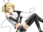  1girl bare_shoulders belt black_gloves black_legwear black_shorts blonde_hair blue_eyes blue_nails cable collar elbow_gloves fingerless_gloves fingernails from_side gloves groin hair_ribbon hairband headphones holding_microphone kagamine_rin knees_up lips long_fingernails looking_at_viewer microphone midriff nail_polish navel parted_lips ribbon shirt short_hair short_shorts shorts sitting sleeveless sleeveless_shirt solo stomach sugi_214 teeth thigh-highs thighs vocaloid white_ribbon white_shirt 