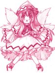  1girl blush bow fairy_wings graphite_(medium) hair_bow hat lily_white long_hair monochrome open_mouth pigeon-toed sketch solo touhou traditional_media wings yuran_(kuen-hien) 