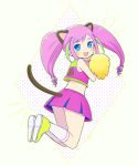  1girl alternate_hairstyle animal_ears ayu_(mog) blue_eyes cat_ears cat_tail cheerleader green_hair hashimoto_nyaa looking_back multicolored_hair open_mouth osomatsu-san pink_hair pom_poms skirt smile streaked_hair tail twintails whisker_markings 