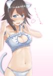  1girl absurdres alternate_costume animal_ears bare_shoulders bell bell_choker blue_eyes blush bra breasts brown_hair cat_cutout cat_ear_panties cat_ears cat_lingerie cat_tail choker cleavage_cutout collarbone haru_to_neru_(act_partner) hayasui_(kantai_collection) heart heart-shaped_pupils highres jingle_bell kantai_collection looking_at_viewer midriff navel open_mouth panties short_hair simple_background solo symbol-shaped_pupils tail underwear underwear_only white_bra 