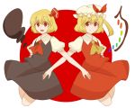  2girls :d blonde_hair darkness detached_wings dress facing_viewer fang flandre_scarlet hair_ribbon hat looking_at_viewer mob_cap multiple_girls open_mouth red_eyes ribbon rumia side_ponytail smile tama_(hiroshige_36) touhou wings 