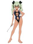  &gt;:p 1girl :p anchovy bare_arms bare_legs bare_shoulders barefoot black_ribbon black_swimsuit blush breasts cleavage closed_mouth competition_swimsuit contrapposto drill_hair girls_und_panzer green_hair groin hair_ribbon hand_on_hip highleg highleg_swimsuit highres holding kagemusha large_breasts legs_apart long_hair looking_at_viewer navel navel_cutout one-piece_swimsuit red_eyes ribbon riding_crop smile solo stomach swimsuit tan toes tongue tongue_out tsurime twin_drills twintails under_boob underboob_cutout 