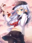  1girl black_legwear cherry_blossoms commentary_request cowboy_shot flat_cap gengetsu_chihiro grey_eyes hat hibiki_(kantai_collection) highres kantai_collection long_hair long_sleeves midriff navel neckerchief pantyhose petals pleated_skirt school_uniform serafuku silver_hair skirt smile spring_(season) tree 