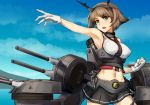  &gt;:d 1girl :d armpits bare_shoulders belt black_skirt blue_sky breasts brown_hair cannon chain clenched_hand collarbone corset cowboy_shot day eyebrows eyebrows_visible_through_hair gloves green_eyes hairband headgear jewelry kantai_collection large_breasts machinery mutsu_(kantai_collection) navel neck_ring ocean open_mouth outdoors outstretched_arm pallad pleated_skirt short_hair skirt sky sleeveless smile solo stomach turret underbust vest water white_gloves white_vest 