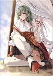  1girl 2017 adapted_costume arm_support artist_name binying blouse bra bra_peek breasts buttons cleavage collarbone dated derivative_work dress flower food foreshortening frills full_body garter_straps green_hair hair_flower hair_ornament half-closed_eyes hand_up high_heels holding ice_cream kazami_yuuka knee_up long_sleeves looking_at_viewer medium_hair off_shoulder parted_lips plaid red_eyes sitting solo sundae thigh-highs touhou underwear wafer_stick white_legwear 