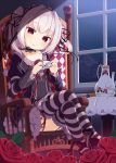  1girl :p chair collarbone crossed_legs cup flower gothic_lolita grey_hair hapymaher highres indoors lolita_fashion muku_(muku-coffee) multicolored_legwear naitou_maia night red_eyes rose sitting slit_pupils solo striped striped_legwear tail teacup teapot thigh-highs tongue tongue_out window 