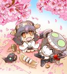  +_+ 2girls :d ^_^ bare_shoulders black_hair blush cherry_blossoms closed_eyes detached_sleeves flask food from_above green_eyes grey_hair hanami haruna_(kantai_collection) hat headgear hisahiko i-class_destroyer kantai_collection long_hair looking_up multiple_girls nontraditional_miko onigiri open_mouth orange_eyes outdoors petals picnic pillow pillow_hug ribbon shinkaisei-kan sitting smile spring_(season) star star-shaped_pupils symbol-shaped_pupils tentacles wide_sleeves wo-class_aircraft_carrier yunomi 