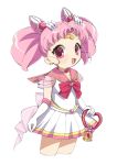  1girl :d big_hair bishoujo_senshi_sailor_moon bow chibi_usa choker circlet cowboy_shot crescent crescent_earrings crystal_carillon double_bun ear_studs earrings elbow_gloves gloves hair_ornament hairclip heart jewelry looking_at_viewer open_mouth pink_bow pink_eyes pink_hair sailor_chibi_moon sailor_collar see-through skirt smile solo super_sailor_chibi_moon twintails white_background white_gloves white_skirt yupachi 
