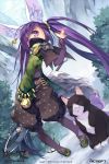 1girl animal_ears blade_&amp;_soul bodysuit btoor cat cat_ears closed_eyes earrings face_mask highres jewelry leaf long_hair lyn_(blade_&amp;_soul) mask mountain outdoors pants purple_hair shirt shoes staff tail tree twintails very_long_hair violet_eyes weapon wolf_ears 