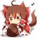  1girl ahoge animal_ears barefoot bow brown_eyes brown_hair cat_ears chocolate_coin closed_mouth coin commentary_request hair_bow hair_tubes hakurei_reimu musical_note red_bow solo tail tosura-ayato touhou wide_sleeves 