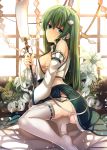  1girl backlighting bored breasts closed_eyes detached_sleeves flower frog_hair_ornament green_eyes green_hair hair_ornament highres janne_cherry kochiya_sanae lily_(flower) long_sleeves looking_at_viewer no_bra oonusa revision sideboob sitting skirt snake_hair_ornament solo thigh-highs touhou white_legwear 