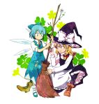  2girls blonde_hair blue_eyes blue_hair boots bow braid broom cirno clover flower four-leaf_clover hair_bow hat ice ice_wings kirisame_marisa mary_janes multiple_girls natsume_(menthol) shoes simple_background sitting smile touhou wings witch_hat yellow_eyes 