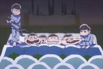  6+boys aoki_(fumomo) barefoot black_eyes black_hair blank_eyes blanket blue_pants blush brothers cheek_poking cheek_pull clenched_teeth curtains facial_hair futon grin heart heart_in_mouth indoors long_sleeves lying male_focus matsuno_choromatsu matsuno_ichimatsu matsuno_juushimatsu matsuno_karamatsu matsuno_osomatsu matsuno_todomatsu multiple_boys mustache on_back one_eye_closed open_mouth osomatsu-kun osomatsu-san oversized_object pajamas pants pillow pliers poking sextuplets shaded_face shadow siblings smile squatting standing teeth 