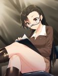  1girl asymmetrical_hair bare_legs black-framed_glasses blew_andwhite blush boots breasts brown_boots brown_hair brown_jacket brown_skirt buttons chair cleavage clipboard collarbone crossed_legs expressionless eyebrows eyebrows_visible_through_hair folding_chair from_below girls_und_panzer glasses hair_between_eyes highres knee_boots large_breasts long_hair long_sleeves looking_down military military_uniform nishi_kinuyo on_lap paper pocket red_eyes semi-rimless_glasses sitting skirt solo star tent thighs tsurime under-rim_glasses uniform 
