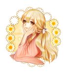  1girl aegyo blonde_hair floral_background flower hands_on_own_cheeks hands_on_own_face japanese_clothes kimono korean light_smile long_hair looking_at_viewer low_ponytail original ponytail solo upper_body very_long_hair wide_sleeves yellow_eyes 