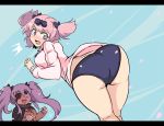  +_+ /\/\/\ 2girls ass blue_eyes blush bow breasts buruma commentary_request drooling eyepatch hair_bow hair_ornament hibari_(senran_kagura) jacket large_breasts long_hair multiple_girls open_mouth pink_hair red_eyes senran_kagura senran_kagura_(series) short_hair short_twintails skirt smile surprised symbol-shaped_pupils track_jacket twintails white_hair yagyuu_(senran_kagura) yatsu_ta 