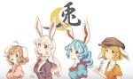  4girls animal_ears blue_hair brown_hair carrot cheong_ha crescent dango eating flat_cap food gradient gradient_background hat inaba_tewi jacket jewelry long_hair long_sleeves looking_at_viewer multiple_girls necklace necktie open_mouth orange_hair puffy_sleeves rabbit_ears red_eyes reisen_udongein_inaba ringo_(touhou) seiran_(touhou) short_hair short_sleeves smile text touhou upper_body wagashi white_hair 