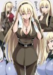  1boy 1girl ass belt blonde_hair blue_eyes blush bodysuit breast_smother breasts cleavage collarbone cross cross_necklace grey_background head_on_chest highres irisdina_bernhard large_breasts long_hair military military_uniform multiple_views muvluv redhead schwarzesmarken simple_background smile spoon spoon_in_mouth standing suspenders sweat takara_joney theodor_edelbach towel uniform very_long_hair 