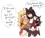  2girls amputee black_hair blake_belladonna bleeding blonde_hair blood bow commentary dashingicecream english hair_bow injury long_hair lowres multiple_girls one_eye_closed pantyhose rwby spoilers sweat yang_xiao_long 