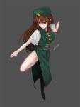  1girl beret braid breasts brown_hair chinese_clothes commentary_request fighting_stance full_body grey_background hat hong_meiling knee_up large_breasts long_hair red_eyes short_sleeves side_braid side_slit solo standing_on_one_leg star touhou tsurime yes_warabi 