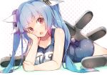  1girl ass bare_shoulders blue_hair breasts hair_ribbon hand_on_own_cheek head_rest i-19_(kantai_collection) kantai_collection large_breasts long_hair looking_at_viewer lying meth_(emethmeth) name_tag on_stomach one-piece_swimsuit open_mouth red_eyes ribbon school_swimsuit solo swimsuit teeth torpedo twintails 
