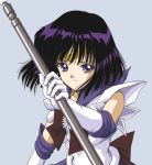  1girl bishoujo_senshi_sailor_moon black_hair blue_background bow brooch brown_bow elbow_gloves expressionless gloves hino_ryutaro jewelry looking_at_viewer magical_girl sailor_collar sailor_saturn short_hair silence_glaive solo staff tiara tomoe_hotaru upper_body violet_eyes white_gloves 