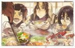  4boys atsushi_toushirou bayashiko bowl brown_gloves chopsticks eating food food_on_face glasses gloves heshikiri_hasebe highres ladle male_focus multiple_boys open_mouth touken_ranbu twitter_username violet_eyes yagen_toushirou 