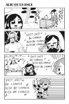  2girls 3boys 4koma :3 bkub closed_eyes comic dj emphasis_lines fang headphones lone_wolf_and_cub looking_at_viewer monochrome multiple_boys multiple_girls musical_note one_eye_closed original side_ponytail simple_background translated 