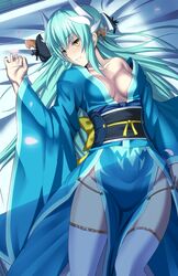  1girl aqua_hair bed fate/grand_order fate_(series) hirame_sa horns japanese_clothes kimono kiyohime_(fate/grand_order) lying no_bra obi sash smile thigh-highs yellow_eyes zettai_ryouiki 