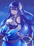  1girl bangs bare_shoulders blue blue_eyes blue_hair blush breasts character_request chinese_clothes cowboy_shot detached_sleeves flower frills hair_flower hair_ornament hijiri_(resetter) large_breasts long_hair looking_at_viewer merc_storia night night_sky railing sash sky sleeves_past_wrists smile solo star_(sky) starry_sky underbust very_long_hair water 