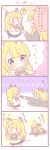  2girls 4koma =_= ^_^ animal_ears blonde_hair blue_eyes bow bowtie closed_eyes comic dog_ears dog_tail flying_sweatdrops hair_bow long_hair long_sleeves lying mouth_hold multiple_girls on_stomach original sailor_collar school_uniform skirt tail translation_request ususa70 |_| 