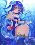  1girl blue_hair blue_swimsuit detached_collar dress fish hair_ornament highres jellyfish light long_hair looking_at_viewer navel_cutout noa_(shironeko_project) one-piece_swimsuit open_mouth outstretched_arm red_eyes satoimo_chika shironeko_project sitting swimsuit underwater 