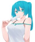  1girl alternate_costume alternate_hair_length alternate_hairstyle arm_behind_back bangs bare_shoulders blue_eyes blue_hair bra_strap breasts collarbone eating fhang food hatsune_miku holding holding_food long_hair looking_at_viewer medium_breasts popsicle simple_background solo strap_slip twintails upper_body vocaloid white_background 