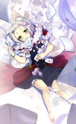  1girl animal_ears bell bracelet capelet cat_ears cat_tail crying english flower green_eyes highres jewelry letter love_letter lying mouth_hold on_back original overskirt sad shirako_sei shirt silver_hair skirt solo tail tears whiskers 