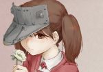  1girl brown_eyes brown_hair expressionless flower holding holding_flower japanese_clothes kantai_collection kariginu looking_at_viewer magatama nemubusoku one_eye_covered portrait ryuujou_(kantai_collection) smelling_flower solo twintails visor_cap 