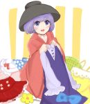  1girl bowl bowl_hat dress flower hat holding_clothes mob_cap purple_hair ribbon solo sukuna_shinmyoumaru tama_(hiroshige_36) touhou violet_eyes 