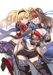  1girl 2girls armor beatrix_(granblue_fantasy) belt black_legwear blonde_hair blue_eyes blush breast_grab breasts brown_eyes brown_hair cleavage_cutout friends from_behind grabbing granblue_fantasy hair_intakes hair_ornament hairband jpeg_artifacts large_breasts leg_up long_hair looking_at_another multiple_girls nashiru navel open_mouth shorts simple_background smile solo thigh-highs twintails white_background yuri zeta_(granblue_fantasy) 