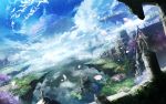  animal bird blue_sky building castle chitose_rin clouds commentary dutch_angle floating_island flower grass highres motion_blur no_humans original petals plant scenery shade sky vines wallpaper water waterfall wind 