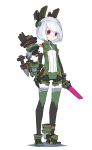  1girl absurdres android cheri_zao dagger full_body green_legwear headgear highres machinery original pink_eyes robot_joints short_hair simple_background solo standing thigh-highs weapon white_background white_hair zettai_ryouiki 