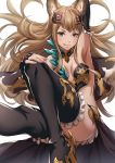  &gt;:q 1girl :q animal_ears armpits asymmetrical_clothes bangs bare_shoulders black_gloves black_legwear blonde_hair blush breasts cleavage closed_mouth convenient_leg curly_hair detached_collar elbow_gloves fingerless_gloves fingernails fox_ears frilled_gloves frilled_legwear frills gem gloves granblue_fantasy hand_on_own_knee headpiece high_heels jpeg_artifacts knee_up lips long_fingernails long_hair looking_at_viewer metella_(granblue_fantasy) midriff mole mole_under_mouth nail_polish revealing_clothes ruby_(stone) sakiyamama sitting smile solo tareme thigh-highs thighs tongue tongue_out very_long_hair violet_eyes waist_cape 