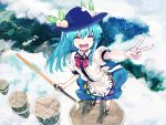  1girl above_clouds blue_hair closed_eyes floating_rock food from_above fruit hat hinanawi_tenshi long_hair open_mouth peach puffy_short_sleeves puffy_sleeves shirt short_sleeves skirt smile solo subachi sword_of_hisou touhou v very_long_hair 