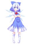  1girl :d blue_eyes blue_hair blush boots bow cirno crossed_arms hair_bow highres ice ice_wings open_mouth reimei_(r758120518) smile solo tachi-e touhou white_background wings 