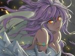  1girl angel_wings archangel_metatron_(p&amp;d) bare_shoulders breasts cleavage commentary_request dark_skin dress feathered_wings large_breasts lavender_hair long_hair looking_at_viewer puzzle_&amp;_dragons red_eyes solo try upper_body wavy_hair white_dress wings 
