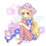  1girl american_flag_legwear american_flag_shirt bangs blonde_hair blush cheunes clownpiece collar fairy_wings frilled_collar frills hat highres jester_cap knees_up long_hair looking_at_viewer no_shoes pantyhose pink_hair polka_dot shirt short_hair sidelocks simple_background sitting smile solo star striped touhou very_long_hair white_background wings 