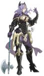  1boy armor armored_boots axe boots camilla_(fire_emblem_if) cleavage_cutout fire_emblem fire_emblem_if full_body genderswap gloves high_heels highres holding holding_weapon john_dimayuga long_hair looking_to_the_side male_focus purple_gloves purple_hair simple_background smile solo weapon white_background 