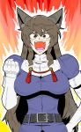  1girl animal_ears ashigara_(kantai_collection) atee_(ate_robo521) bangs belt breasts brown_eyes brown_hair clenched_hands commentary_request elbow_gloves fangs gloves hairband hand_on_hip hand_up kantai_collection large_breasts long_hair open_mouth solo wolf_ears 