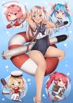  5girls :d ahoge back blonde_hair blue_eyes blue_hair book breasts chibi covered_navel crop_top fang flower glasses hair_flower hair_ornament hair_ribbon hairpin hat highres i-168_(kantai_collection) i-19_(kantai_collection) i-58_(kantai_collection) i-8_(kantai_collection) inaba_sunimi kantai_collection large_breasts lifebuoy long_hair looking_at_viewer looking_back low_twintails multiple_girls name_tag neckerchief old_school_swimsuit one-piece_swimsuit one-piece_tan open_mouth peaked_cap pink_hair ponytail red-framed_glasses red_eyes redhead ribbon ro-500_(kantai_collection) sailor_collar sandals school_swimsuit school_uniform semi-rimless_glasses serafuku short_hair sitting smile star star-shaped_pupils swimsuit swimsuit_under_clothes symbol-shaped_pupils tan tanline thigh-highs torpedo twintails under-rim_glasses white_legwear x_hair_ornament 